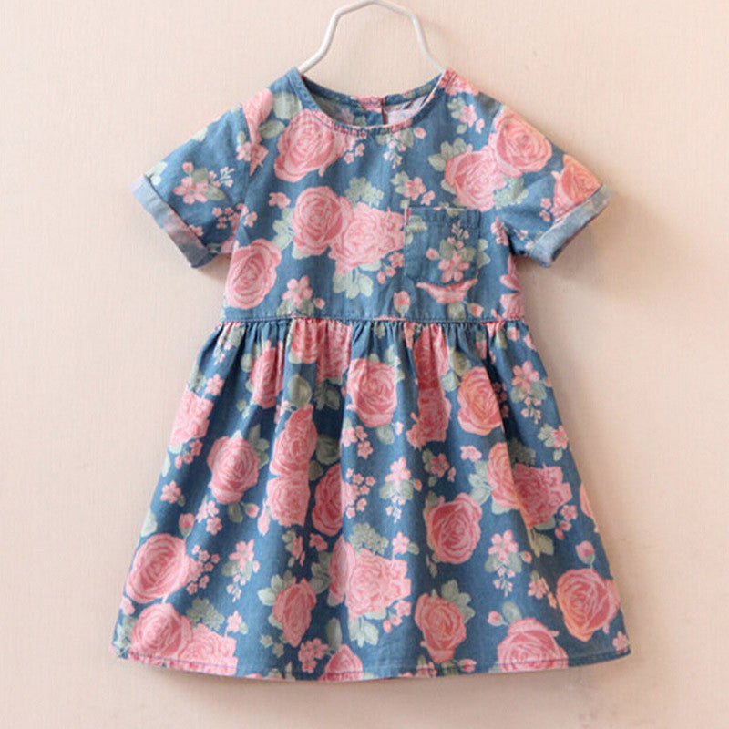 High hot sell fashion dress baby girl cute denim dresses kids casual clothing summer short sleeve print child vestidos-Dollar Bargains Online Shopping Australia