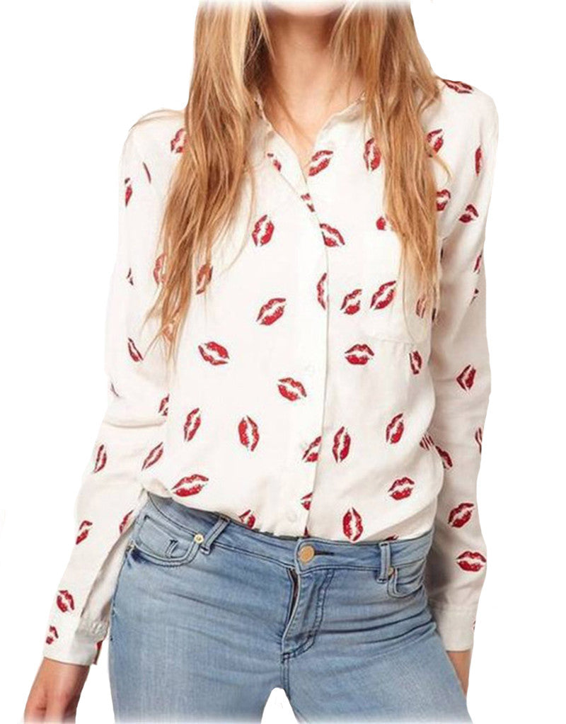 Women Blouse Turn-down Collar Red Lip Print White Lady Chiffon Shirt Long Sleeve blusa Tops Plus Size y487-Dollar Bargains Online Shopping Australia