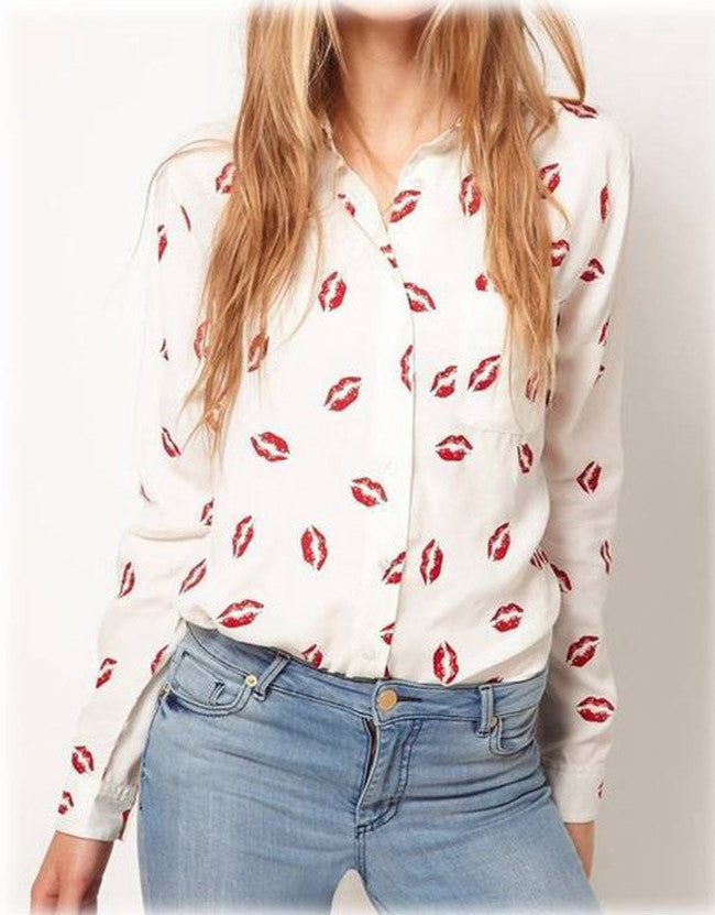 Women Blouse Turn-down Collar Red Lip Print White Lady Chiffon Shirt Long Sleeve blusa Tops Plus Size y487-Dollar Bargains Online Shopping Australia