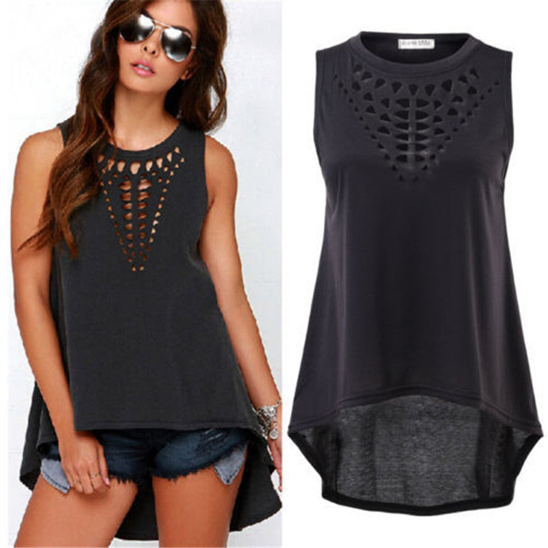 Sexy Casual Blusas Retro Hollow Women Shirts Top Sleeveless Plus Size Irregular Hem Loose Blouse Vest S-3XL-Dollar Bargains Online Shopping Australia