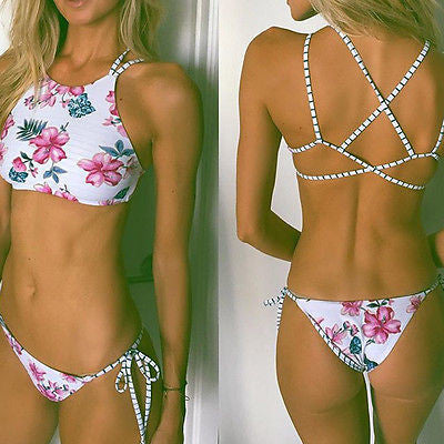 Women Print Floral Bikini Set Halter crop top hang High neck Bikinis set push up Swimwear Women Swimsuit beach bathing suit-Dollar Bargains Online Shopping Australia
