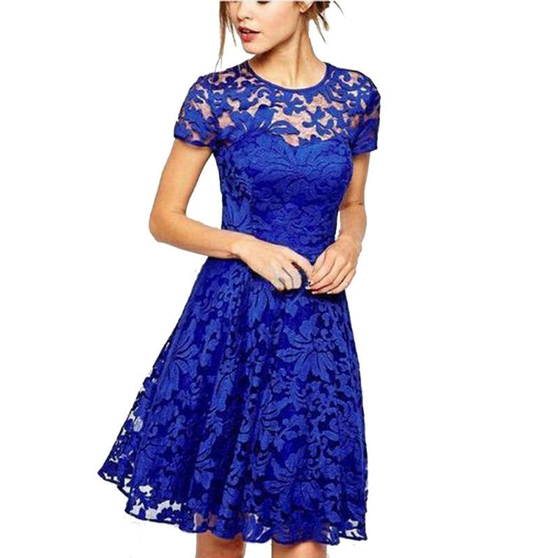 Women Floral Lace Dresses Short Sleeve Party Casual Color Blue Red Black Mini Dress-Dollar Bargains Online Shopping Australia