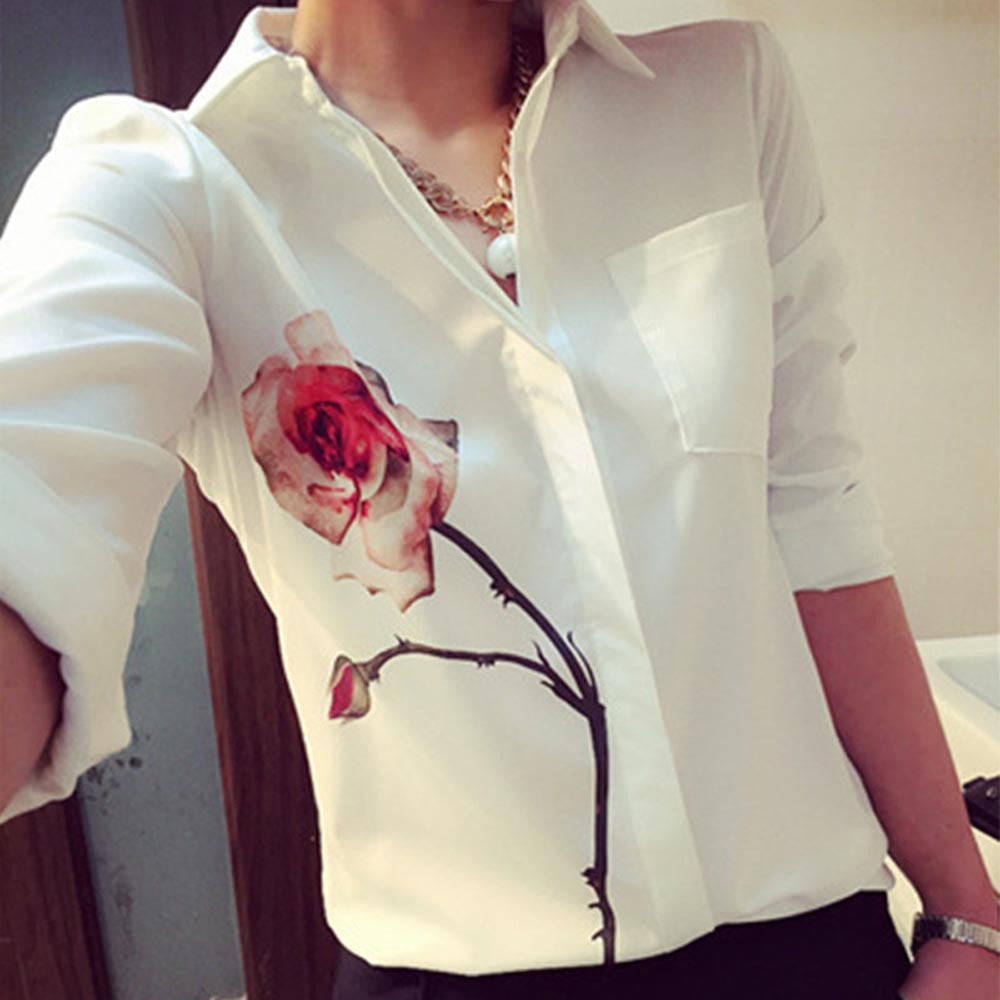 blouse women solid blouse chiffon Long Sleeve Rose Flower Blouse Turn Down Collar Chiffon White blouse femme-Dollar Bargains Online Shopping Australia