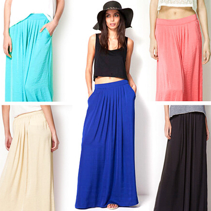 Woman Satin Long Skirt Elastic Waist Floor-Length Maxi Skirts Female Plus Size Ladies Bohemia Pleated saia skirts For Women-Dollar Bargains Online Shopping Australia