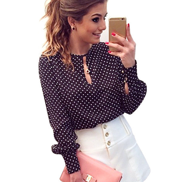 Women Casual Round Neck Long Sleeve Blouses Summer Chiffon Polka Dots Shirt Tops-Dollar Bargains Online Shopping Australia