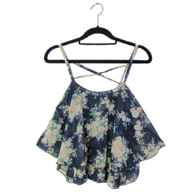 Sexy Crop Tank Top Print Chiffon Sleeveless Women Camis Cropped Ladies Spaghetti Strap Flower Floral Blouse Fashion Summer-Dollar Bargains Online Shopping Australia