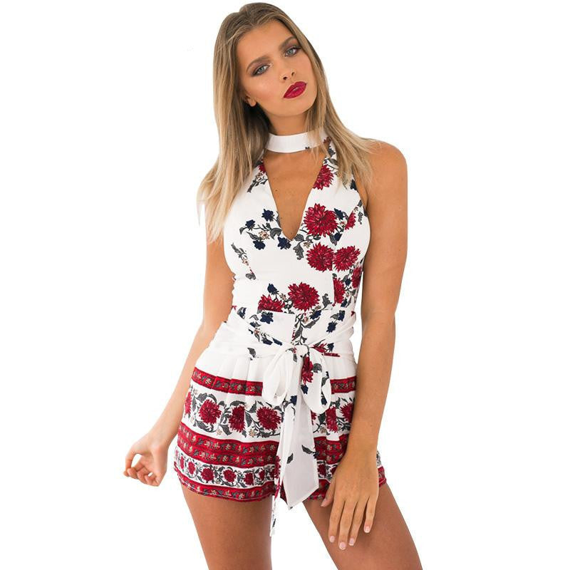 Summer beach floral print elegant jumpsuit romper High waist halter bow short playsuit Women v neck boho overalls-Dollar Bargains Online Shopping Australia