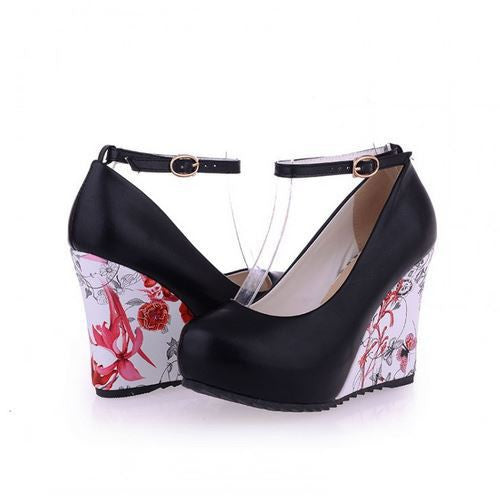 Fashion Ankle Strap High Wedges Platform Summer Pumps For Women Casual Elegant Flower Print Wedges Platform Shoes mary jane-Dollar Bargains Online Shopping Australia