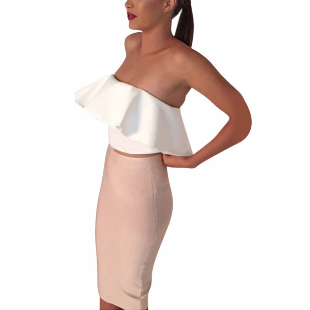 2 Pcs Women Ladies Sexy Strapless Ruffle Crop Top Pencil Skirt Bandage Bodycon Party Dresses Set-Dollar Bargains Online Shopping Australia