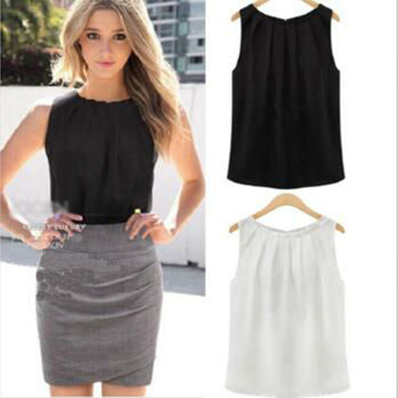 Summer Plus Size Women Cropped Chiffon Blouses Tops Vest Tank Black White Shirt Casual-Dollar Bargains Online Shopping Australia
