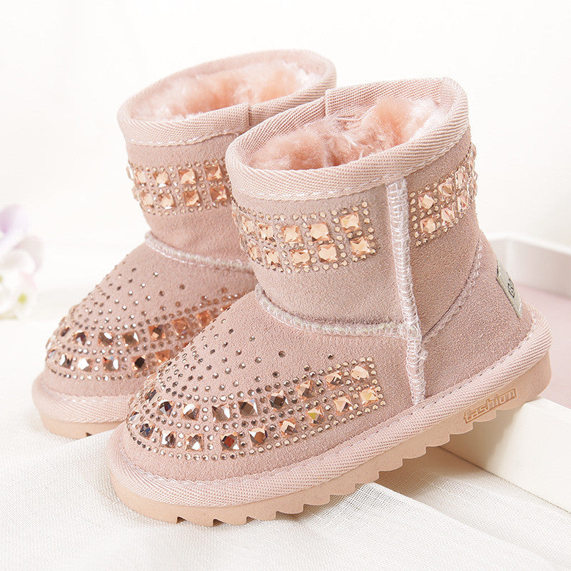 winter children snow boots reihnstone kids leather boots warm shoes with fur princess baby girls ankle boots-Dollar Bargains Online Shopping Australia