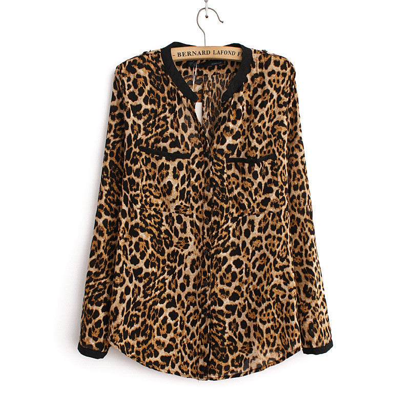 Women Blouse Leopard Print Shirt Long sleeve V -Neck Top Loose Blouses Plus Size Chiffon Shirt Camisa Feminina Clothing-Dollar Bargains Online Shopping Australia