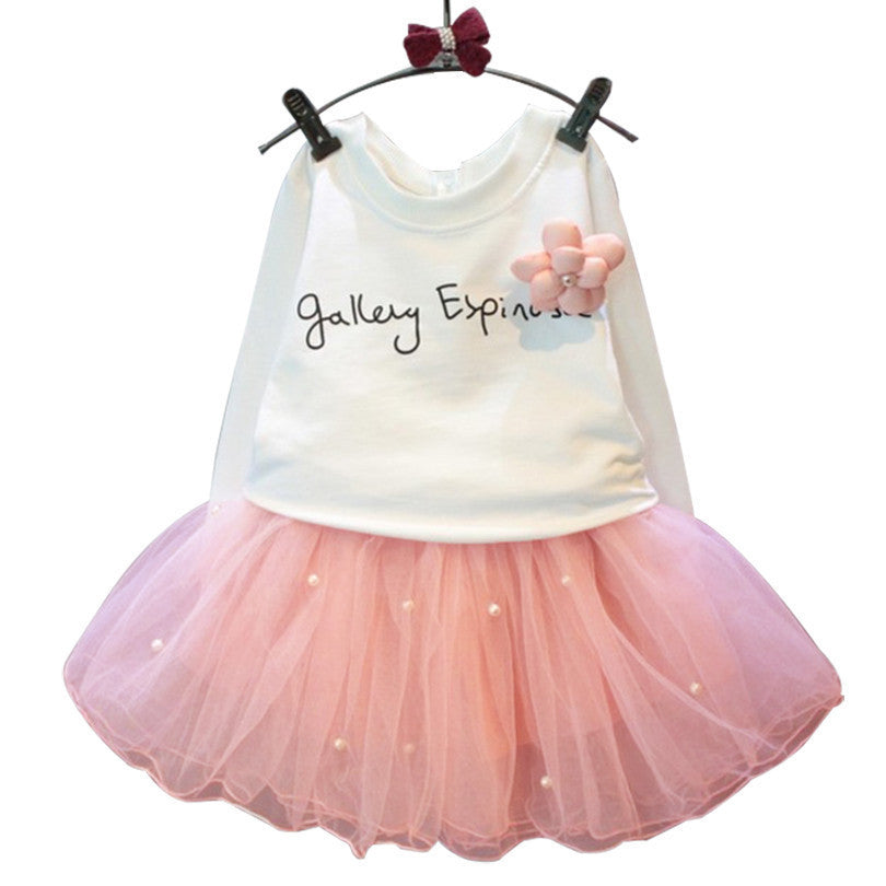 Lovely Girls White Tee Shirt and Pink Skirt With Rhinestone Clothes Set for Kids Girl Autmn Children Clothing Sets-Dollar Bargains Online Shopping Australia