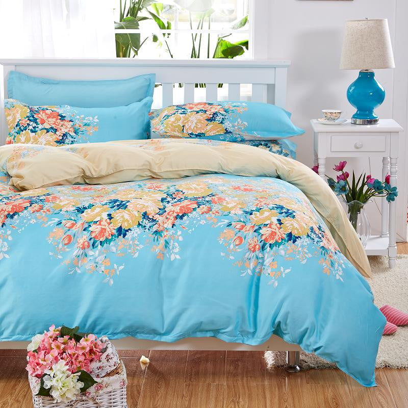 Elegant Floral Bedding Set Polyester Cotton Bed Linen Sets 4pcs Bedspreads Kids Twin Size Blue Duvet Cover Bed Sheet Set-Dollar Bargains Online Shopping Australia