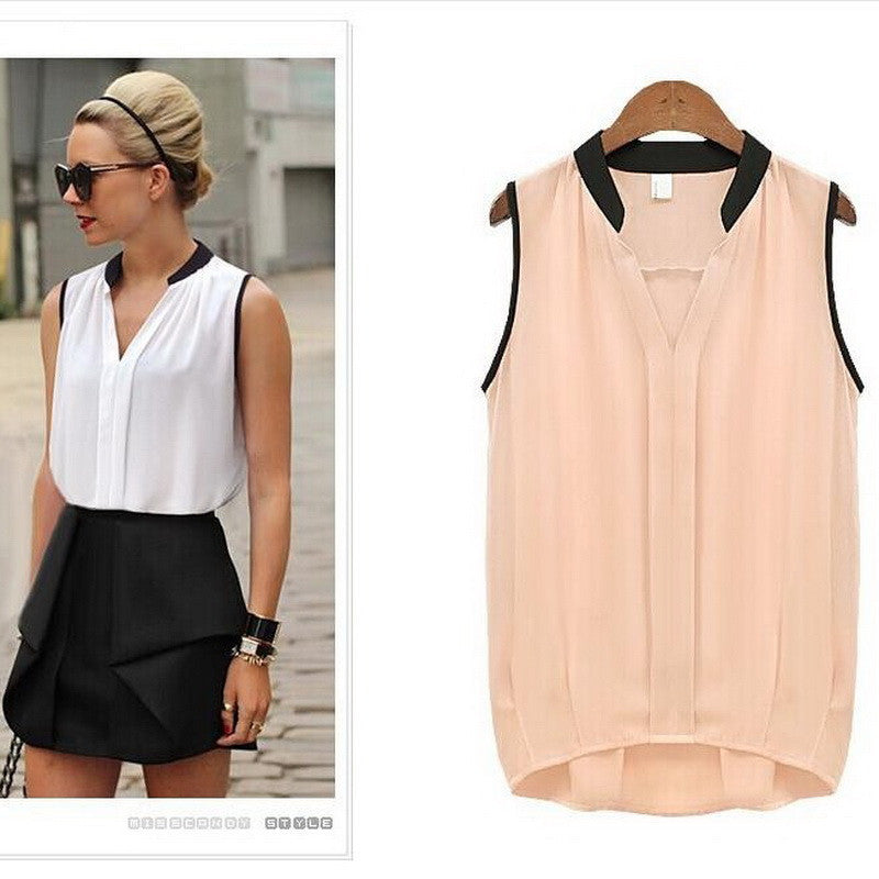 Womens Casual Chiffon Blouse Solid Color Sleeveless Womens Tops V-Neck Women Shirt Wild Style-Dollar Bargains Online Shopping Australia