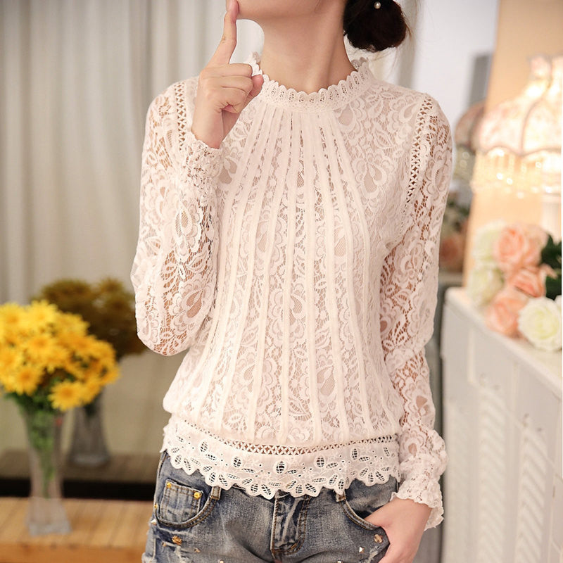 Summer Ladies White Blusas Women's Long Sleeve Chiffon Lace Crochet Tops Blouses Women Clothing Feminine Blouse 51C-Dollar Bargains Online Shopping Australia