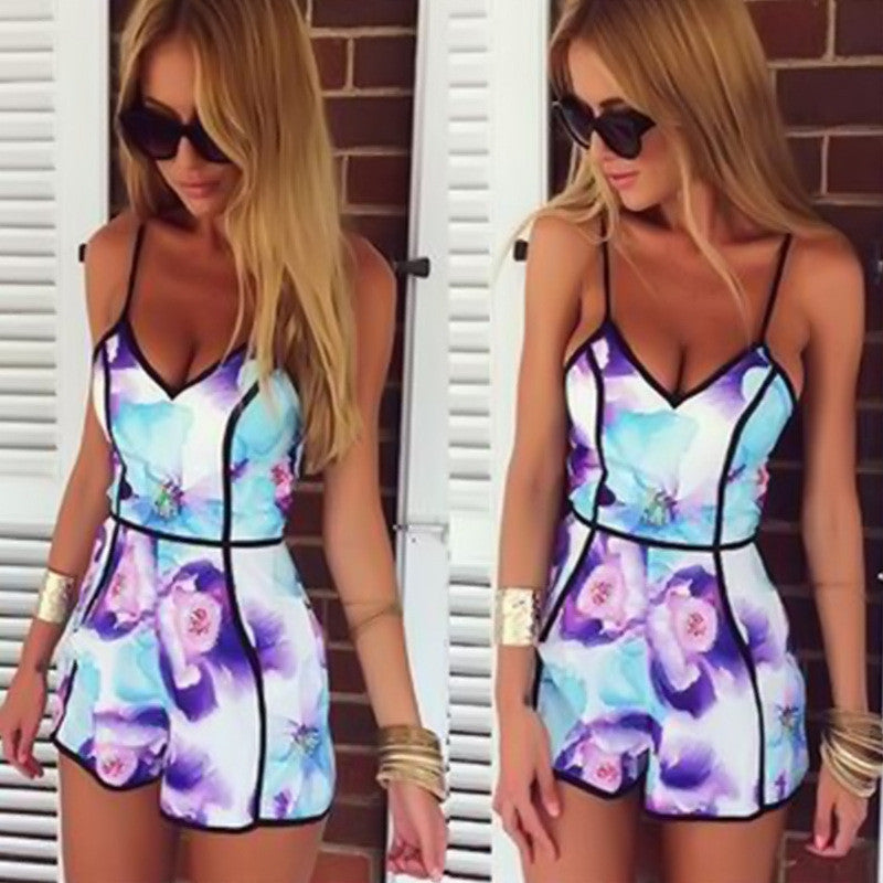 Fashion Jumpsuit Rompers Bodysuit Overalls For Womens Ladies Summer Sexy Deep V-Neck Floral Printed Shorts Playsuit-Dollar Bargains Online Shopping Australia