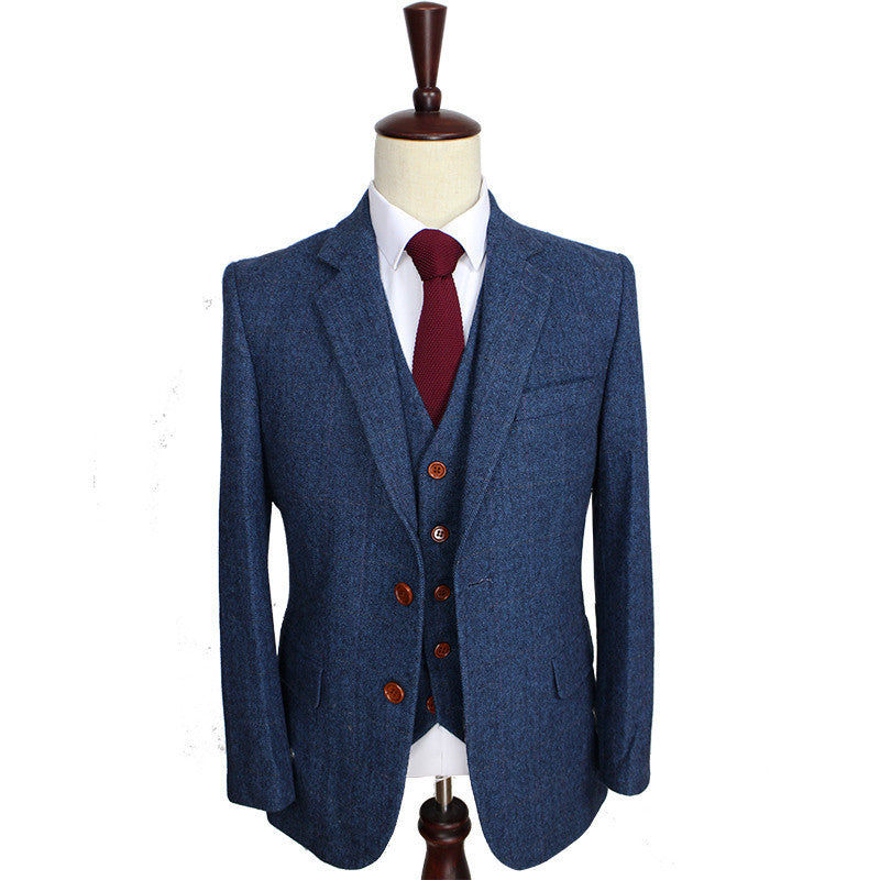 Wool Blue Herringbone Retro gentleman style custom made Men's suits tailor suit Blazer suits for men 3 piece (Jacket+Pants+Vest)-Dollar Bargains Online Shopping Australia