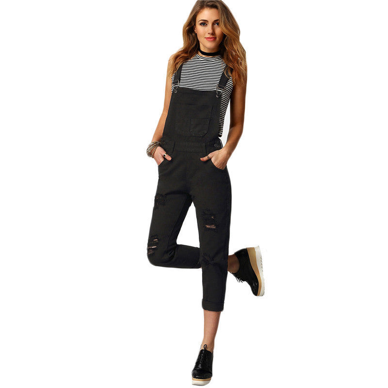Women Jumpsuit Denim Overalls Spring Autumn Black Strap Ripped Pockets Full Length Denim Jeans Jumpsuit-Dollar Bargains Online Shopping Australia