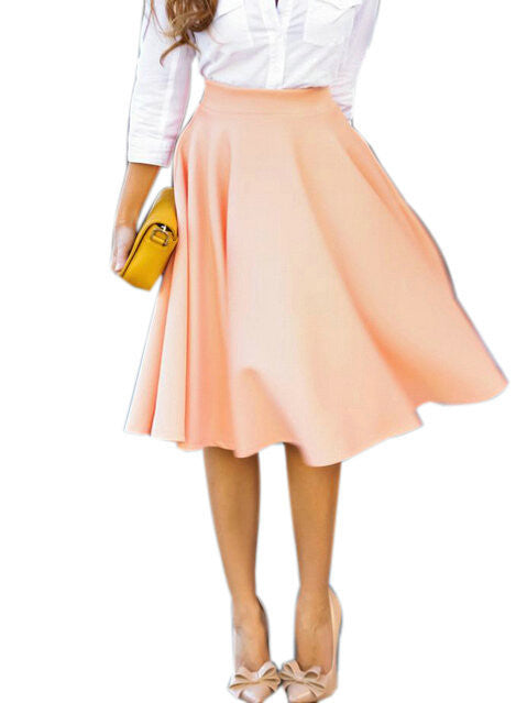 Women Perfect Peach Pink Pleats A-line Flared High Waist Midi Skater Skirt S-XL-Dollar Bargains Online Shopping Australia