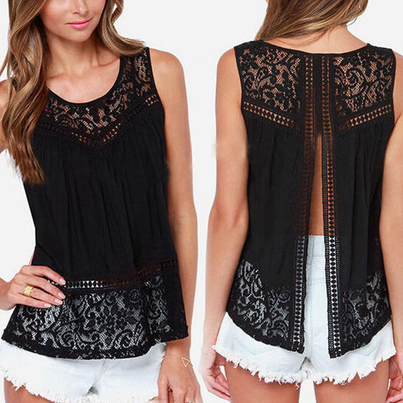 Summer Women Hollow Out Crochet Lace Tank Tops Casual Sleeveless Tee Shirt Beach Loose Top Black S-5XL Z1-Dollar Bargains Online Shopping Australia