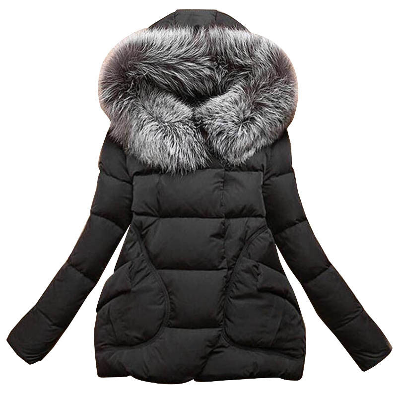 Winter Women Jackets Cotton Full Sleeve Covered button with pocketswomen Hat with Feathers Ultra Light Down Jacket A023-Dollar Bargains Online Shopping Australia