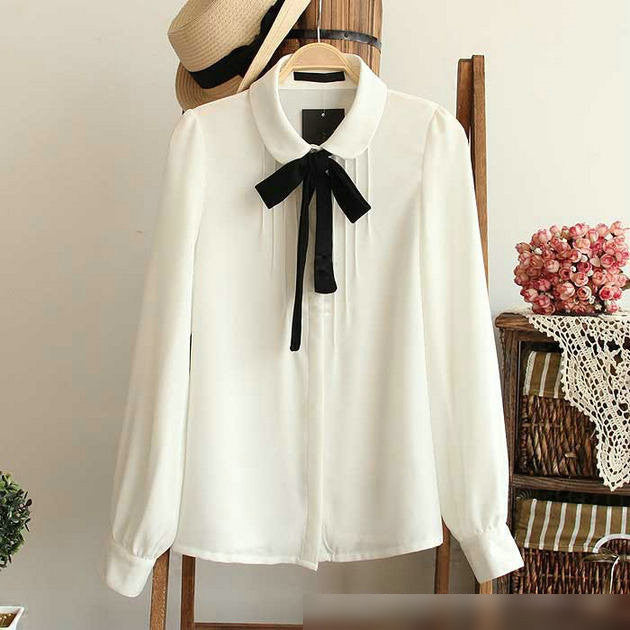 Fashion female elegant bow tie white blouses Chiffon peter pan collar casual shirt Ladies tops school blouse Women Plus Size-Dollar Bargains Online Shopping Australia