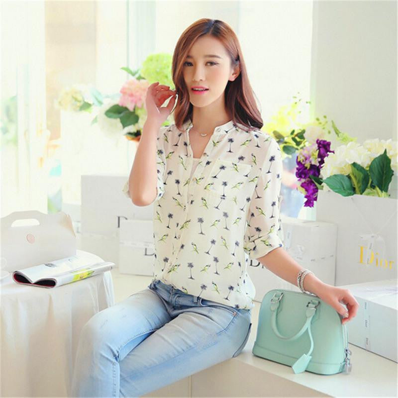 Spring Summer Women Long - Sleeve Bird Printed Casual Chiffon Shirt Fashion Slim Blouse Shirts For Women-Dollar Bargains Online Shopping Australia