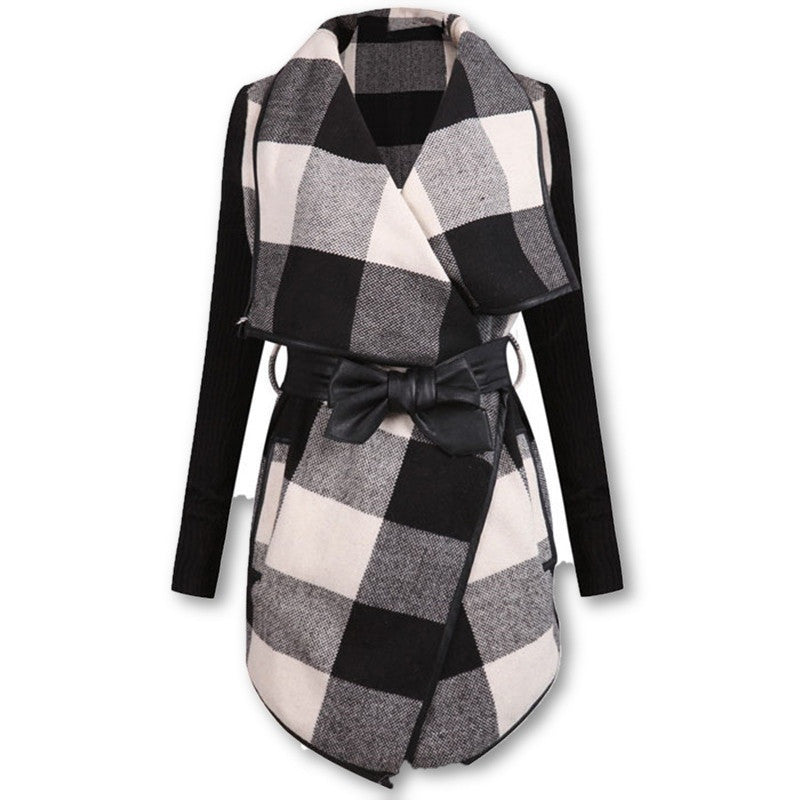 Fashion Outerwears Women Spring Design Brand Ladies Trench Coat Casual Splicing Black White Plaid Long Sleeve Belt Coat-Dollar Bargains Online Shopping Australia