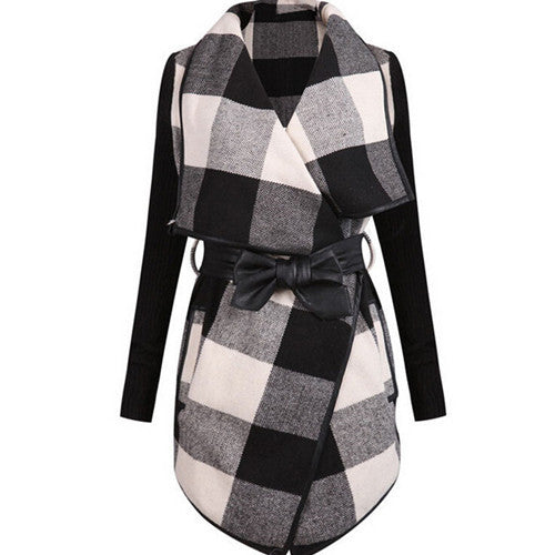 Fashion Outerwears Women Spring Design Brand Ladies Trench Coat Casual Splicing Black White Plaid Long Sleeve Belt Coat-Dollar Bargains Online Shopping Australia