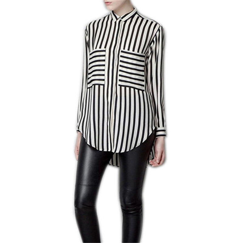 Formal blouses Long Sleeve Button Down Women's Shirt Vertical Striped Chiffon Pocket Career Tops-Dollar Bargains Online Shopping Australia