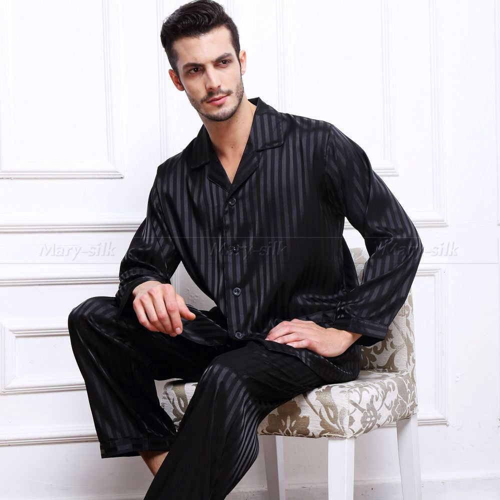 Mens Silk Satin Pajamas Set Pajama Pyjamas Set Sleepwear Set Loungewear S,M,L,XL,2XL,3XL,4XL Plus Striped Black-Dollar Bargains Online Shopping Australia