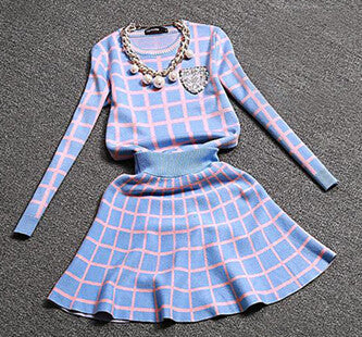 Knit Long-sleeve Sweater Skirt Suits Women Sweet Beads Collar Knit Crochet grid Crop Top A-line Skirt Women's 2pcs Set-Dollar Bargains Online Shopping Australia