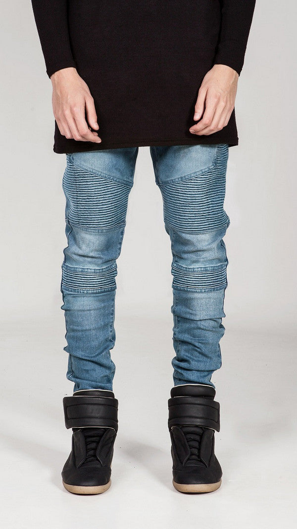 Mens Skinny jeans men Runway Distressed slim elastic jeans denim Biker jeans hip hop pants Washed Pleated jeans blue-Dollar Bargains Online Shopping Australia
