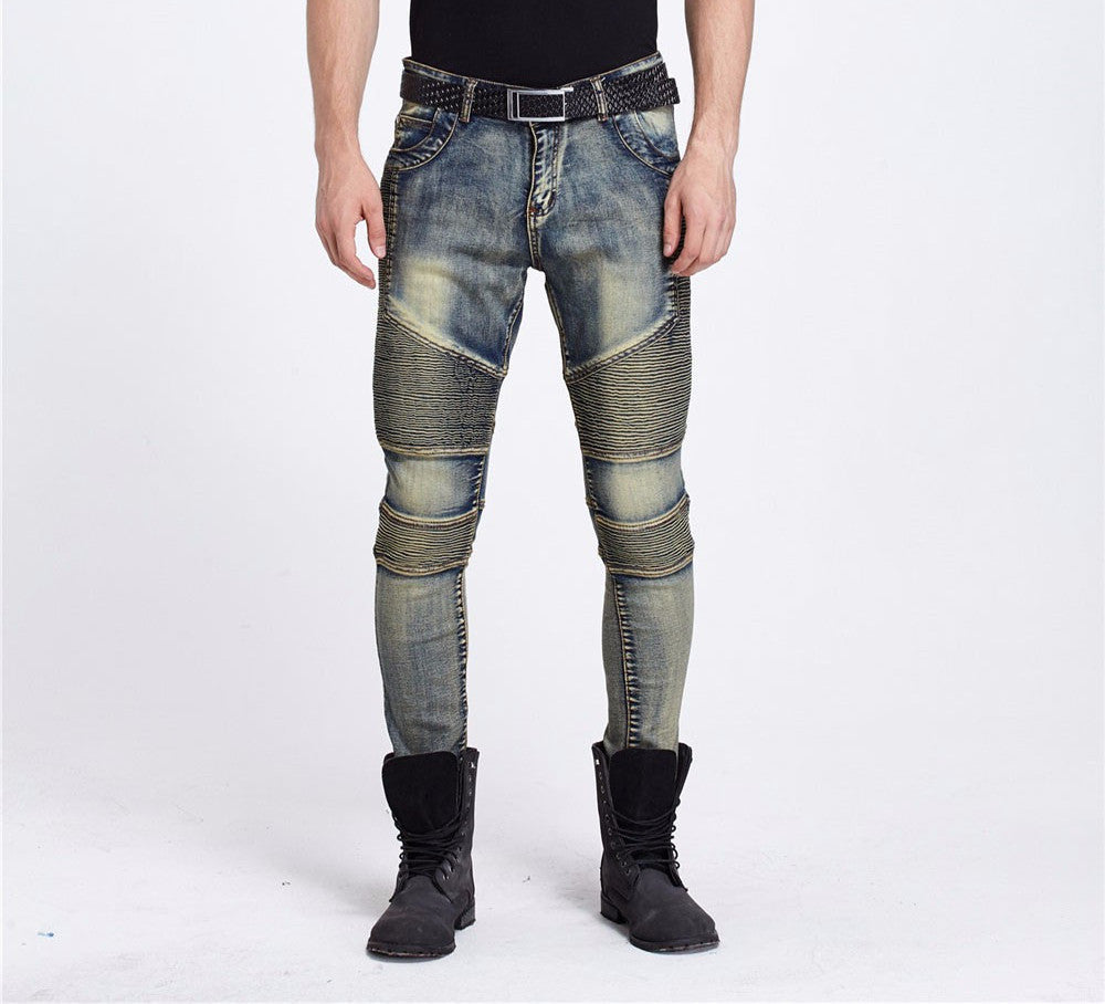 Mens Skinny jeans men Runway Distressed slim elastic jeans denim Biker jeans hip hop pants Washed Pleated jeans blue-Dollar Bargains Online Shopping Australia