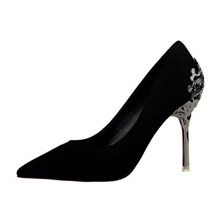 Fashion Sexy Women Pumps Carved Metal Scarpe Donna Thin High Heel Shoes Women Suede Shallow Mouth Pointed Toe Wedding Shoes-Dollar Bargains Online Shopping Australia