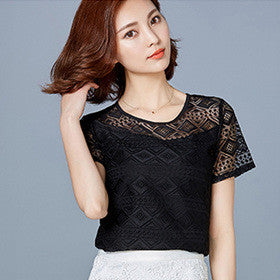 White Blouse Lace Chiffon Short Sleeve Summer Women Tops Fashion Korean Hollow Out Ladies Shirt Office Female Clothing-Dollar Bargains Online Shopping Australia
