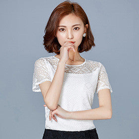 White Blouse Lace Chiffon Short Sleeve Summer Women Tops Fashion Korean Hollow Out Ladies Shirt Office Female Clothing-Dollar Bargains Online Shopping Australia