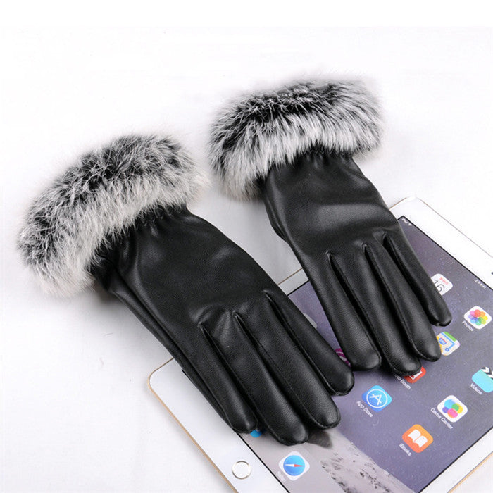 Fashion Women's Black Autumn Winter Warm Rabbit Fur Mittens test Casual Glove Leather Gloves For Women Drive #68703-Dollar Bargains Online Shopping Australia