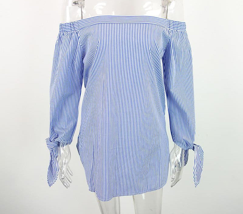 Elegant bow blue off shoulder female blouse shirt Sexy summer girls white blouse Women tops striped-Dollar Bargains Online Shopping Australia