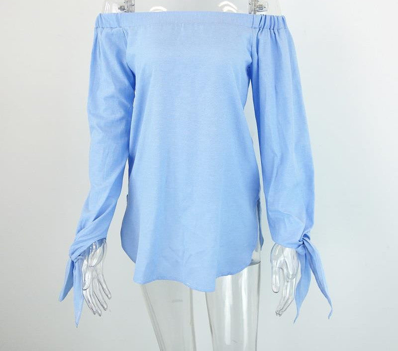 Elegant bow blue off shoulder female blouse shirt Sexy summer girls white blouse Women tops striped-Dollar Bargains Online Shopping Australia