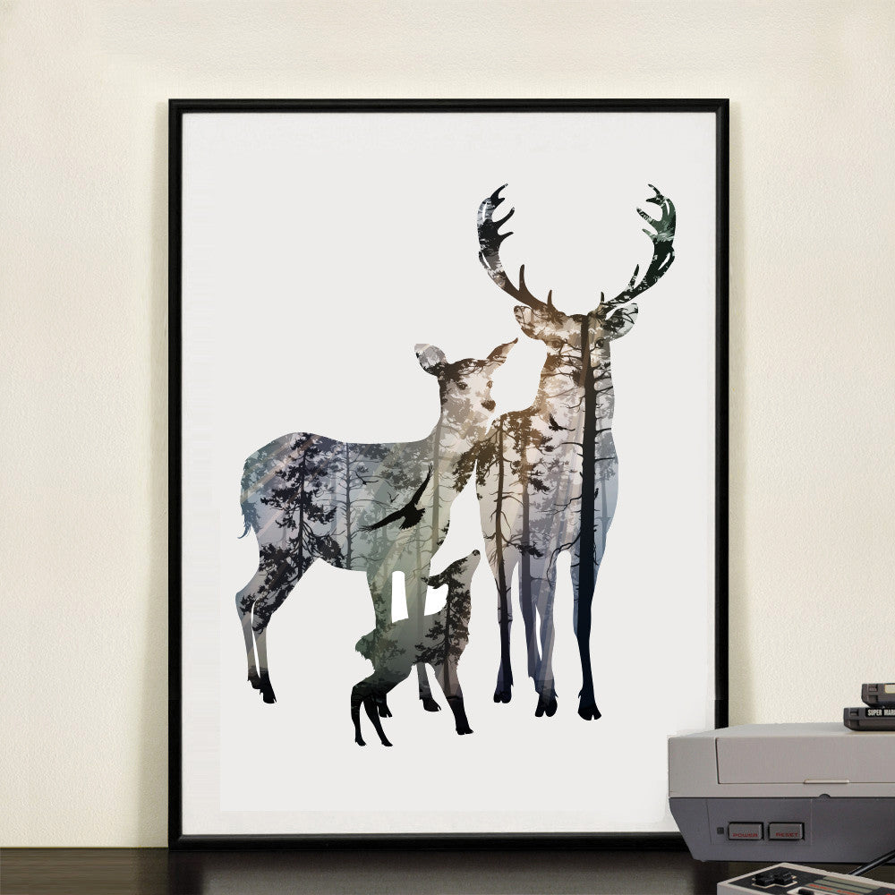 Silhouette of Deer Family with Pine Forest Canvas Art Print Painting Poster, Wall Picture for Home Decoration, Home Decor FA396-Dollar Bargains Online Shopping Australia