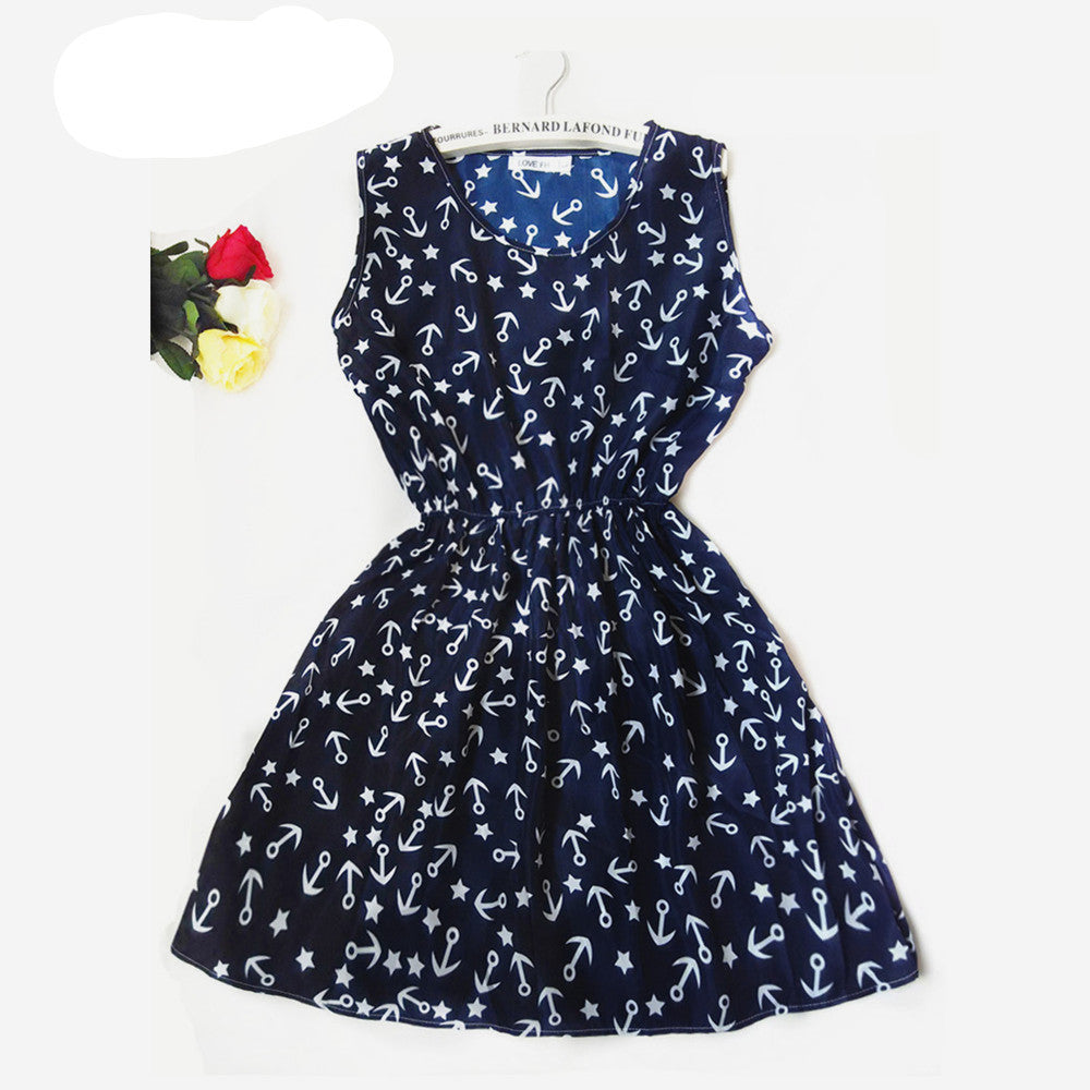 Brand Blue stars 20 Colors Fashion Women Sleeveless Florals Print Round Neck Dress Saias Femininas Summer Clothing-Dollar Bargains Online Shopping Australia