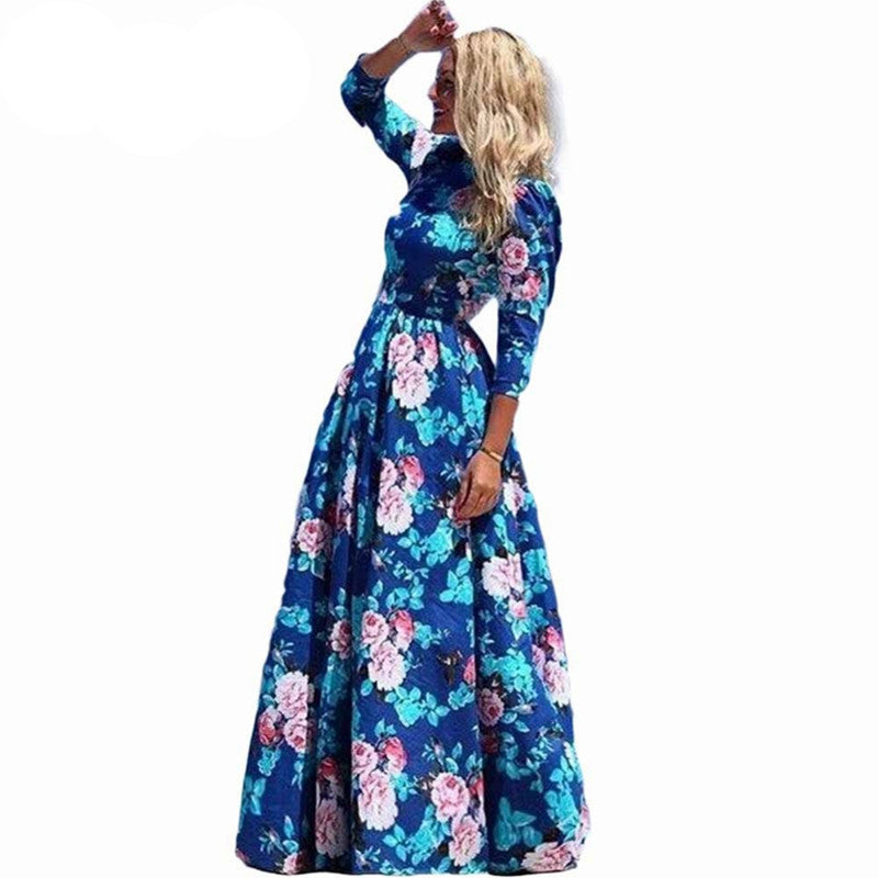 Women Summer Dress Print Long Maxi Dresses Beach Dress Long Sleeve Bohemian Dress-Dollar Bargains Online Shopping Australia