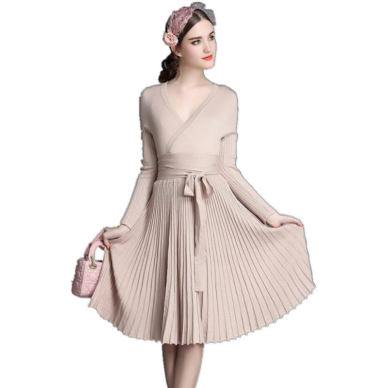 CHANGLA Autumn Women's Fashion Sweaters Dresses A-line Deep V Neck Belted Pleated Vintage Dress Long Sleeve Knitting Dress-Dollar Bargains Online Shopping Australia