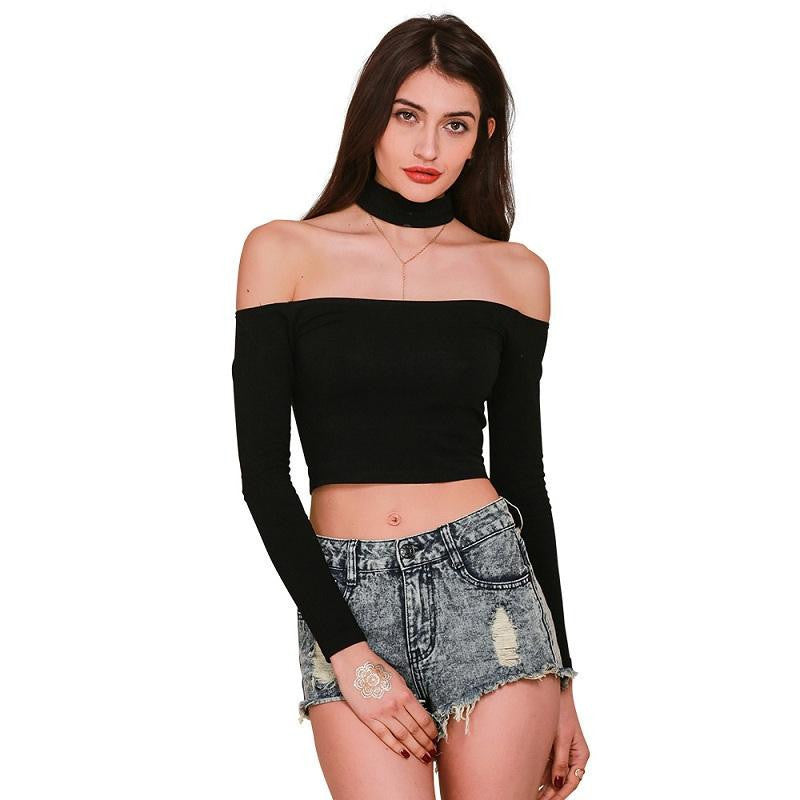 Simplee Apparel European style slash neck black t-shirt women tops Autumn long sleeve halter top Girl t shirt 90's crop top-Dollar Bargains Online Shopping Australia