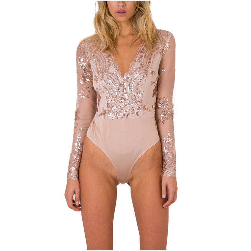 Apparel Golden Sequin Mesh Bodysuit Women Transparent Sleeve Leotard Bodysuit Top V Neck Elegant Jumpsuit Romper-Dollar Bargains Online Shopping Australia