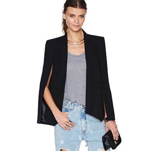 Fashion Cloak Cape Blazer Women Coat White Black Lapel Split Long Sleeve Pockets Solid Casual Suit Jacket Workwear-Dollar Bargains Online Shopping Australia