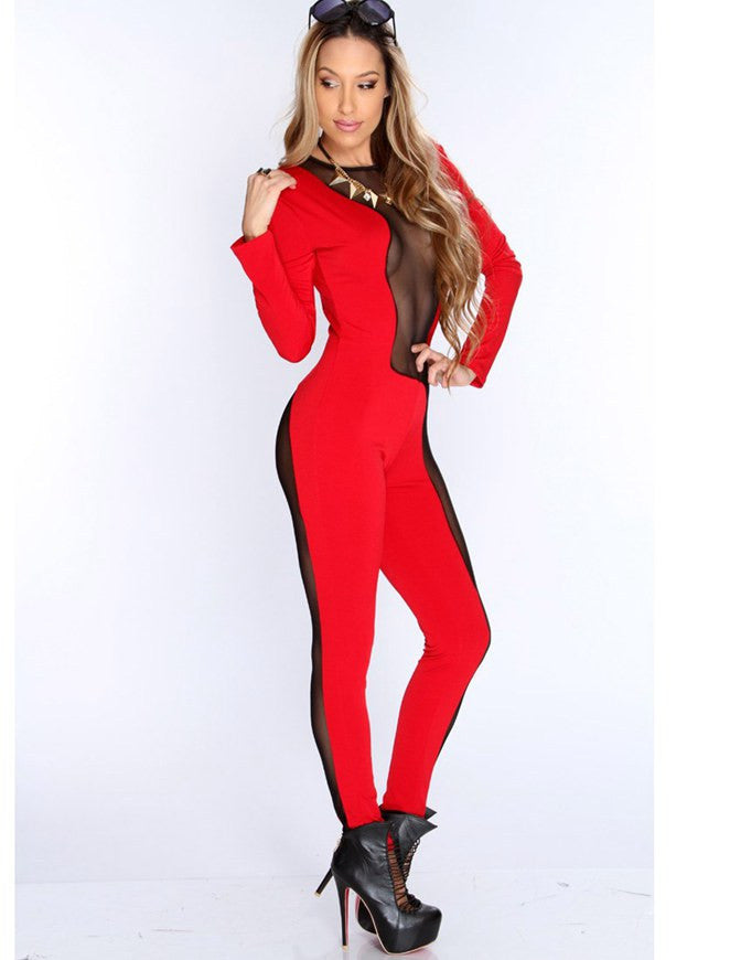 summer style women jumpsuit o-neck long sleeve women wear red blue and leopard fashion jumpsuit-Dollar Bargains Online Shopping Australia