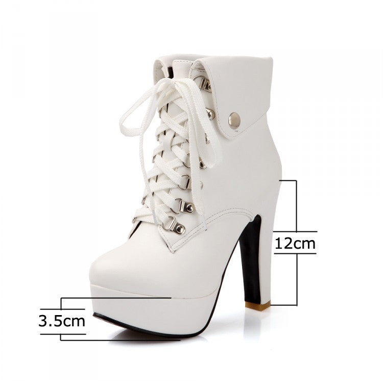 Women Faux Leather Ankle Boots Designer Fashion Platform Chunky High Heels Lace Up Short Booties Woman Autumn Winter Shoes-Dollar Bargains Online Shopping Australia